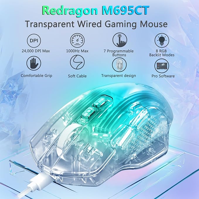 Redragon Wired Gaming Mouse, 24,000 DPI, 7 Programmable Button, 2 Side Buttons, 8 RGB LED Backlit Mode, Clear Transparent Shell, Light up Gamer Mice, Soft Cable for PC/Mac/Xbox, White
