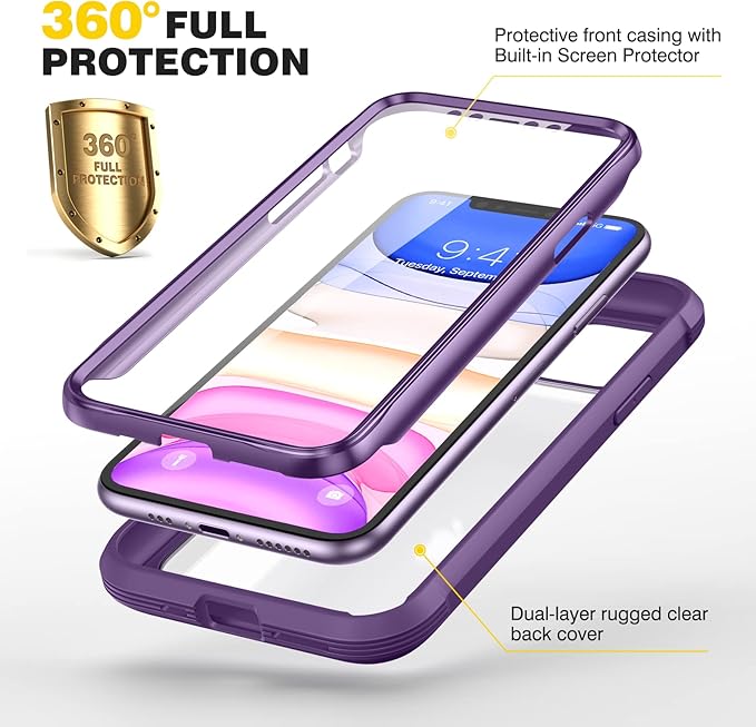 Diaclara Compatible with iPhone 11 Case, Full Body Rugged with Built-in Touch Sensitive Anti-Scratch Screen Protector, Soft TPU Bumper Case Clear Compatible with iPhone 11 6.1" (Purple and Clear)