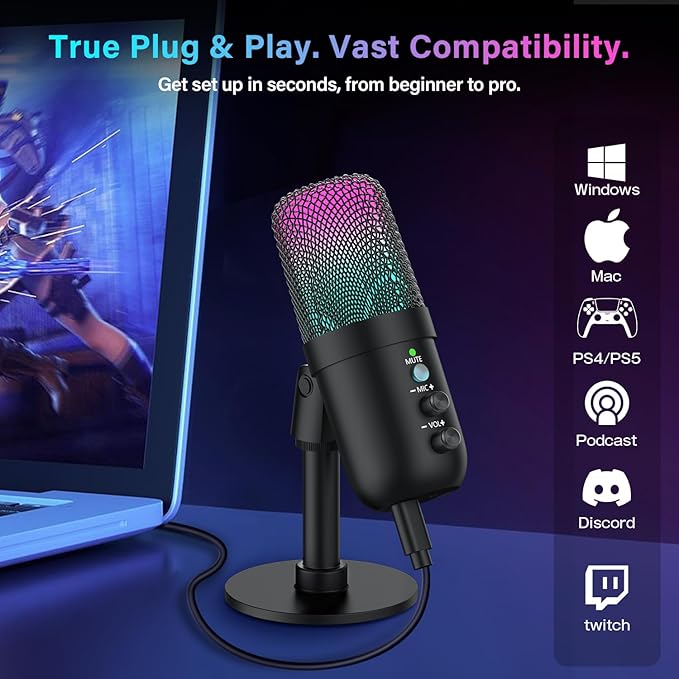 USB Microphone, Computer Condenser Mic with Noise Cancellation, Echo Mode, RGB Lighting, Mute Button, Plug & Play Gaming Mic for PC, Mac, PS5, Streaming, Recording, Podcasting & Online Meetings