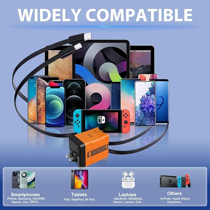 2 in 1 GaN Charger 120w, New Scalable Retractable 120w Fast Charger Module, All in 1 Foldable Charging Adapter Wall Plug for Phone, Tablet, Laptops (Orange)