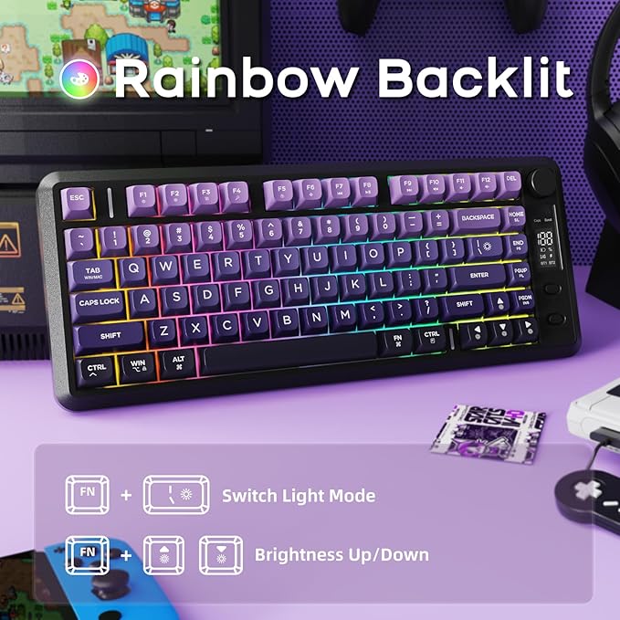 FREEWOLF M75 Wireless Gaming Keyboard Mechanical Feel Membrane with Knob & OLED Display Bluetooth/2.4Ghz Rainbow Backlit Gradient PBT Keycaps 2000mAH Battery Anti-Ghosting-Purple