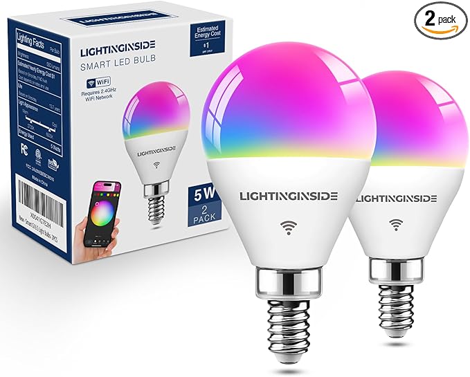 Lightinginside E12 Smart Light Bulbs 50W Equiv., G16.5 RGBCW Candelabra Chandelier Ceiling Fan Smart Bulb Works with Alexa/Google Home/SmartLife, 5W 550LM, 2.4G WiFi Bluetooth Bulb, ETL Listed, 2PCS