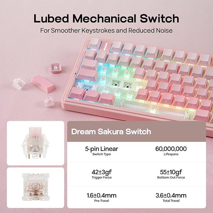 EPOMAKER X Aula F75 75% Wireless Gaming Keyboard, BT/2.4GHz/USB-C, Hot Swappable Creamy Mechanical Keyboard with 5-Layer Padding&Knob, NKRO, RGB (Pink)