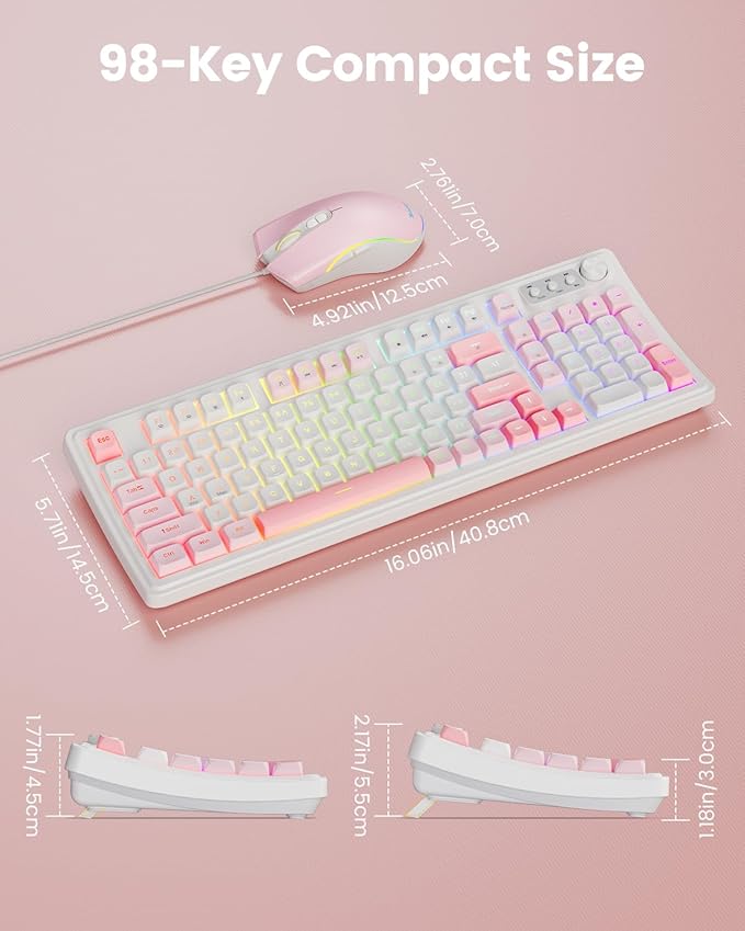 SABLUTE Wired Gaming Keyboard and Mouse, RGB Backlit Mechanical Feel Keyboard with Multimedia Knob & Anti-Ghosting Ergonomic Premium Leather Wrist Rest (Pink)