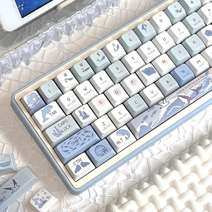 Blue White PBT Keycaps-Ocean Theme Keycaps 60 75 100 Percent, Cute Key caps Custom 118 Keys, Cherry Profile for 61/68/84/87/98/100 Cherry Gateron MX Mechanical Gaming Keyboards