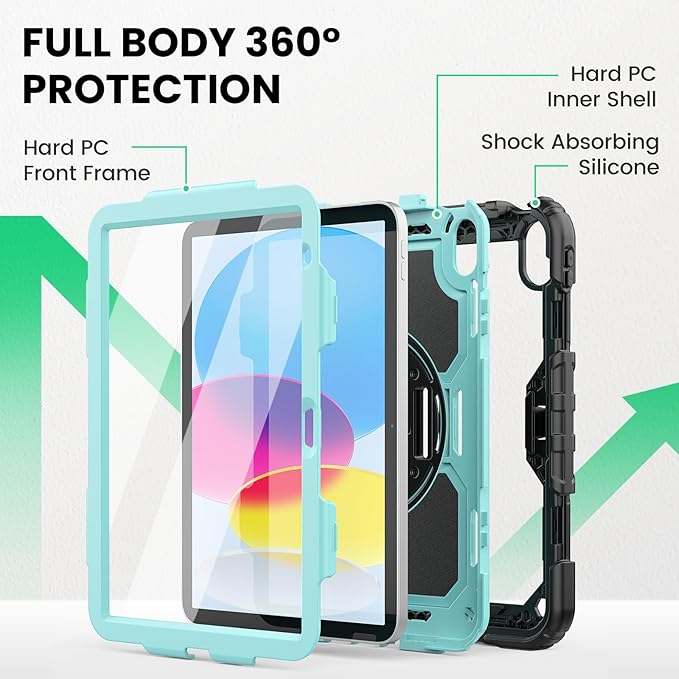 SEYMAC Case for iPad (A16) 11th/10th Generation 2025/2022 (11″/10.9″), Sturdy Heavy Duty Full-Body Shockproof Protective Case with Screen Protector, Rotating Stand, Hand/Shoulder Strap, Light Blue