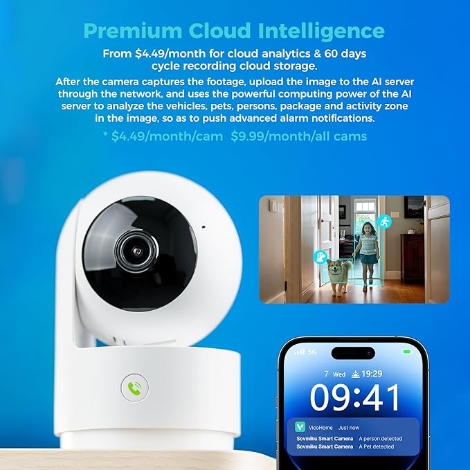 Vicohome 2K Indoor Security Camera, Plug-in, AI Tracking, 24/7 Recording, Pet/Baby Monitor, 360° View Pan/Tilt, Two Way Audio, Night Vision, Easy to Setup, Wi-Fi, Audible Alarm,180 Days Care Plan