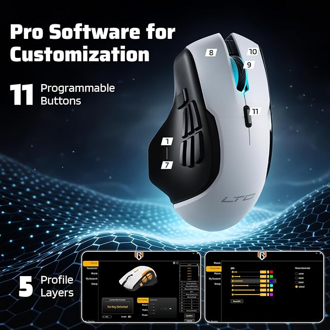 LTC MKM071 Wireless MMO Gaming Mouse with RGB Charging Dock, Tri-Mode (2.4G/Bluetooth/Wired), 12000 DPI PAW3311 Sensor, 11 Programmable Buttons, 7 Side Buttons, 1000Hz Polling Rate, Ergonomic