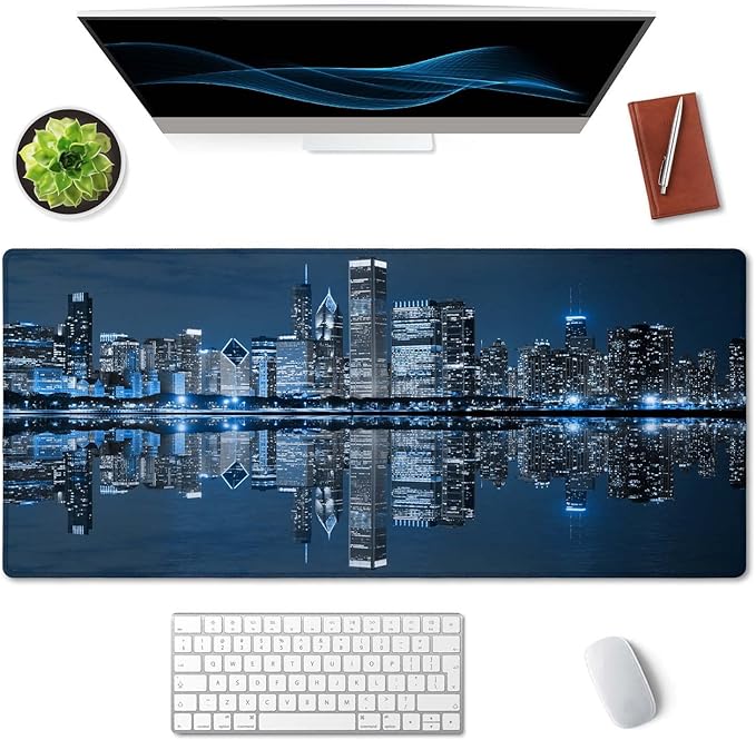 SSOIU Extended Gaming Mouse Pad (35.5x15.7 in), Large Non-Slip Rubber Base Mousepad with Stitched Edges, Waterproof Keyboard Mouse Mat Desk Pad for Work, Game, Office, Home - Chicago Skyline