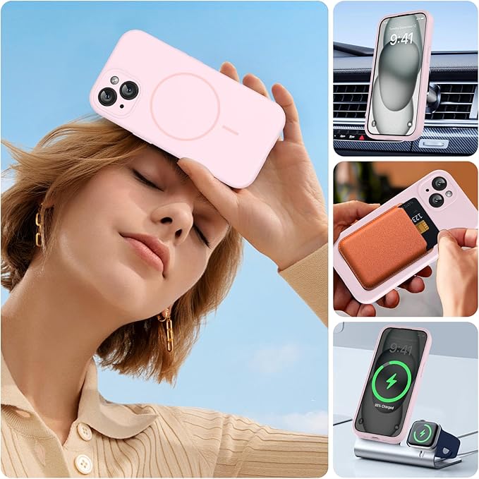 Miracase Compatible with iPhone 15 Case, [Soft Anti-Scratch Microfiber Lining], Liquid Silicone Case Gel Rubber Shockproof Drop Protection Phone Case for iPhone 15, Sand Pink