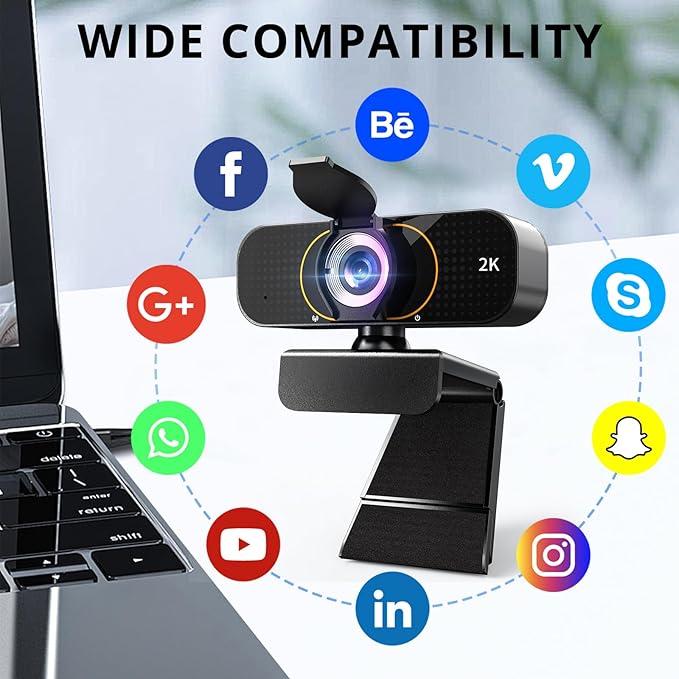 2K Webcam for Computer/Laptop/Desktop/PC, Camera with Microphone, USB Plug&Play, Auto Low Light Correction, Privacy Cover, Tripod, Wide Angle for Meeting/Online Video/Zoom