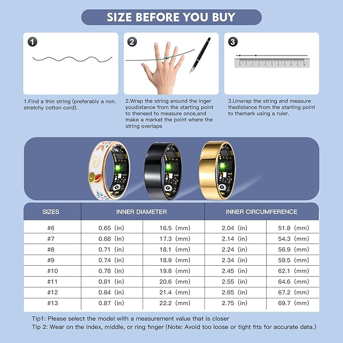 Smart Ring Health Tracker for Women Men, Sleep Tracker with Heart Rate,SpO₂,Blood Pressure, Fitness Ring for Activity Monitoring, No Subscription, Step Tracker Ring for ios&Android (Gold, #13)