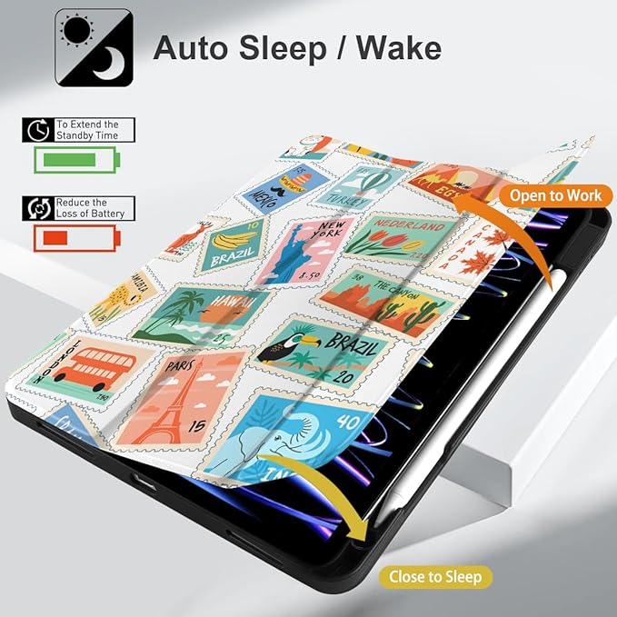 DONGKE Case for 2022/2021/2020/2018 iPad Pro 11 inch Gen 4/3/2/1 - Slim Protective Case - Built in Pencil Holder Support Charging - Trifold Stand & Sleep/Wake Cover- Post Stamps