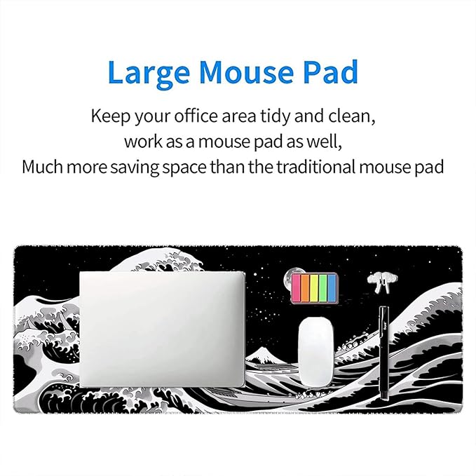 Japanese Sea Wave Anime Desk Mat Black and White Kanagawa XL Mouse Pad Large Mousepad Extended Laptop Keyboard Mat Gaming Desk Pad Mouse Mat 31.5"x11.8" Office Computer Keyboard Laptop Home