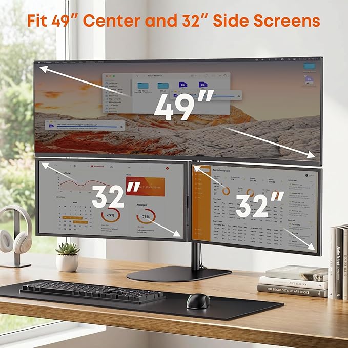 PUTORSEN Freestanding Triple Monitor Mount - Holds 49" Ultrawide Center & 32" Side Screens, 44 lbs Capacity, Extra Tall Pole, VESA 75/100