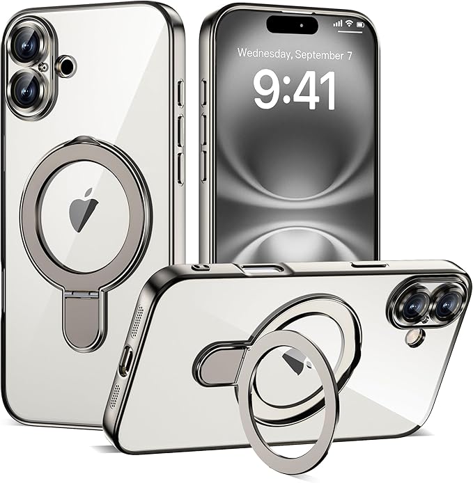 Compatible with iPhone 16 Plus Case with Invisible Magnetic Ring Stand [Compatible with Mag-Safe] [Full Camera Lens Protector] Plating Clear Phone Case for iPhone 16 Plus 6.7", Grey