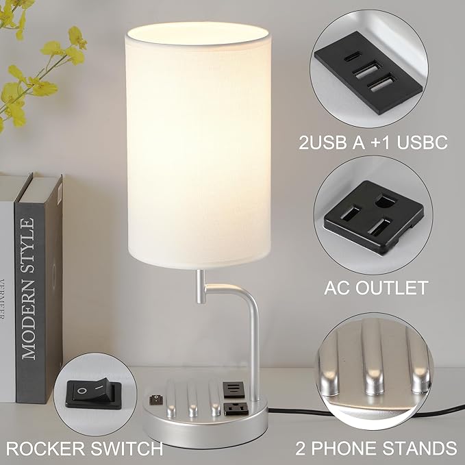 Dreamholder Table Lamp with 3 USB Charging Ports, Modern Desk Lamp with AC Outlet and Phone Stands, Perfect Bedside Lamp for Bedroom, Living Room, Office (Pack of 2), Silver