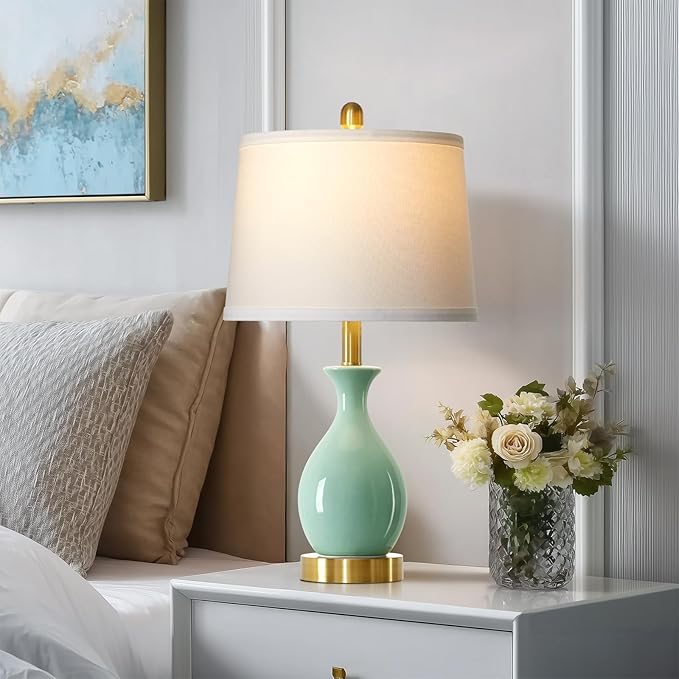 24″ Sage Green Ceramic Table Lamps Set of 2, Modern Classic Bedside Lamps for Bedroom Nightstand, Small Table Lamp for Living Room Side Table (2 LED Bulbs Included)
