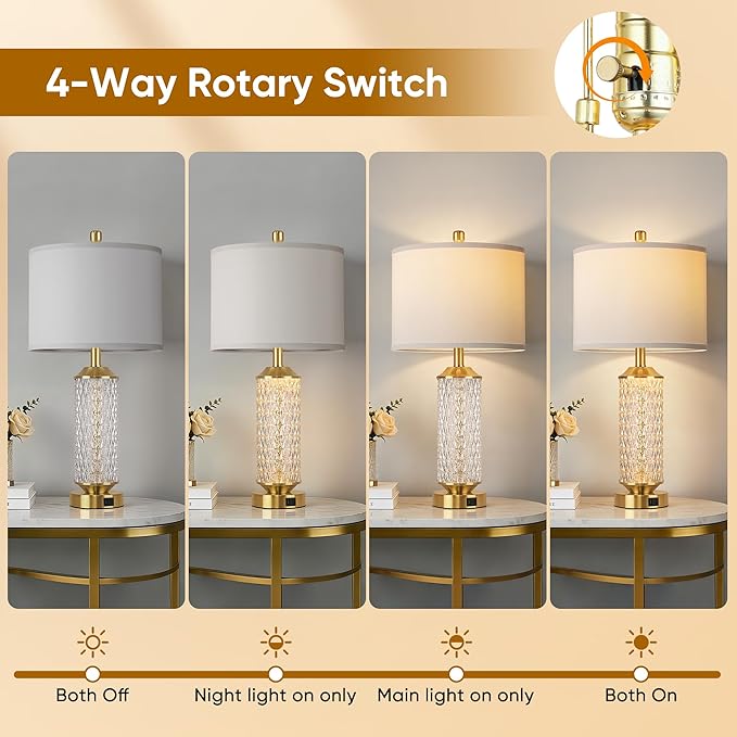 QiMH Gold Lamps for Living Room with LED Night Light,26" Modern Beside Lamps Set of 2 with Linen Shade & USB A+C Ports,Glass Table Lamps for Bedroom, Nightstand, Office, Home Decor(2 Blubs Included)