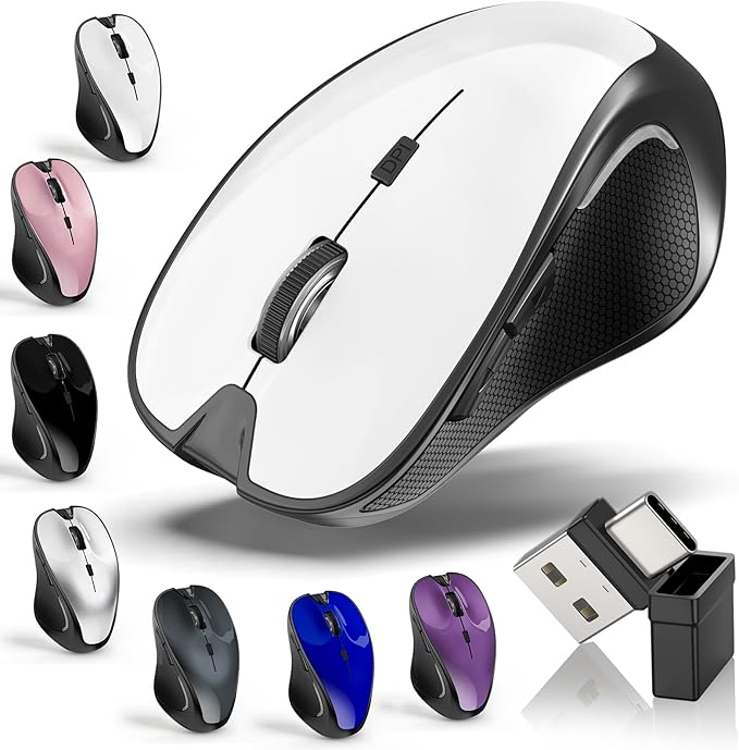 Mouse for MacBook Bluetooth Wireless Mouse Laptop MacBook Air Mac Pro Silent Rechargeable PC iPad Optical Mouse with Jiggler Dual Mode Switch Bluetooth 5.2/3.0 and 2.4GHz USB Type-C Receiver WHITE