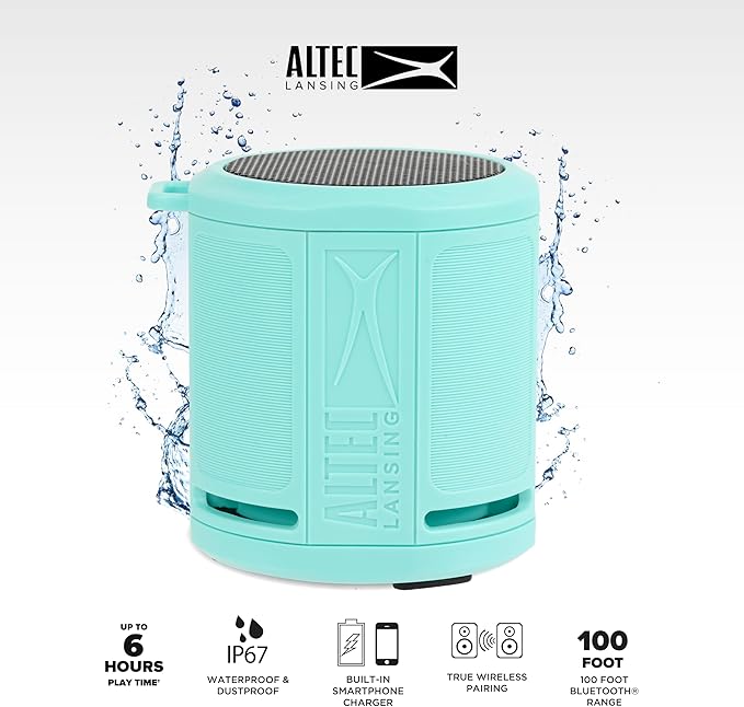 Altec Lansing HydraMicro - Waterproof Bluetooth Speaker, Lightweight & Portable Speaker for Travel & Outdoor Use, Mint