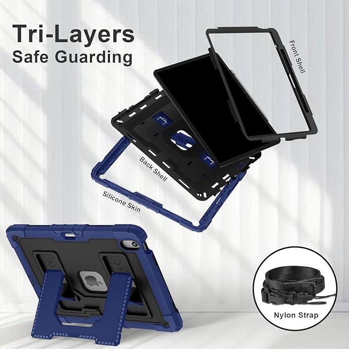 Kids Friendly Case for iPad Air 13 Inch M4 M3 M2 2026/2025/2024 Case with Pencil Holder & Shoulder Strap, Military Grade Shockproof Kickstand Hard Shell Protective Cover,Blue+Black