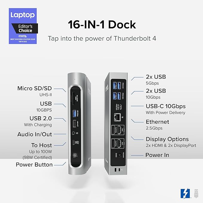 Plugable 16-in-1 Thunderbolt 4 Dock – Dual 4K Monitors for M4/M5 MacBook Air/Pro, 100W Charging, 2X HDMI, 2X DisplayPort, 2.5G Ethernet, 7X USB, MicroSD/SD Card Reader, Windows & USB4 Compatible