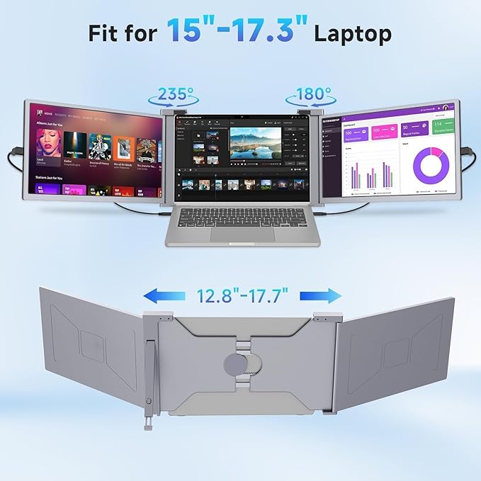 Laptop Screen Extender, 1080P IPS FHD Monitor Extension for 15-17.3" Laptop, Ultra-Thin Portable Triple Portable Monitor with USB-C/HDMI/USB-A,Mac/Windows/Chrome/Android (Grey, 15 Inches)