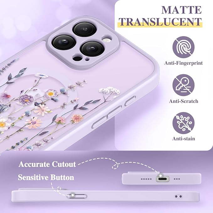 GVIEWIN for iPhone 15 Pro Case Compatible with MagSafe, [Military Grade Protection] [Screen Protector] Full Camera Protection Floral Translucent Women Magnetic Phone Case, Floratopia/Colorful