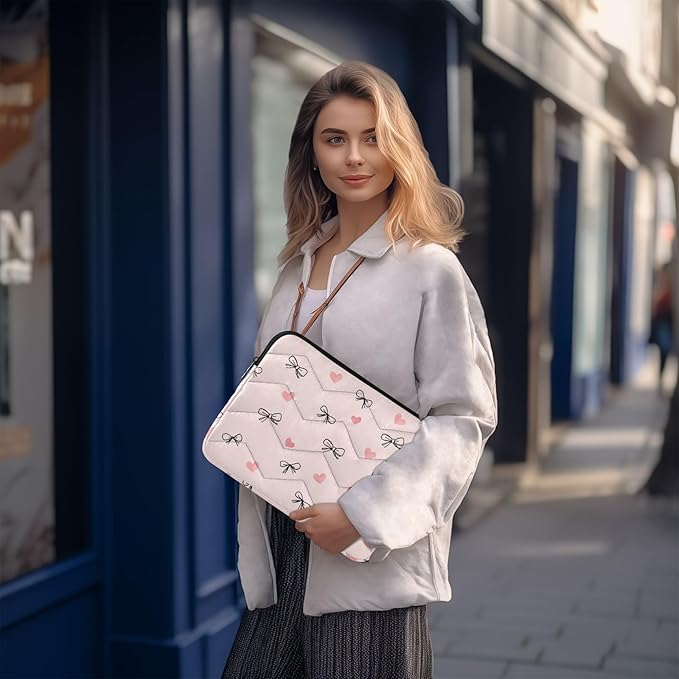 Laptop Case Sleeve, Black Line Bow Pink Hearts Pattern Shockproof Protective Computer Carrying Cover, Briefcase Handbags 13-13.3inch Laptop Sleeve Bag