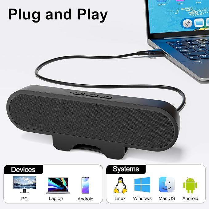 Monitor Speakers, Computer Speakers for Desktop PC, USB Speaker with Integrated USB A Type C Connector, Easily Clamp to Monitors, 10W(Black)