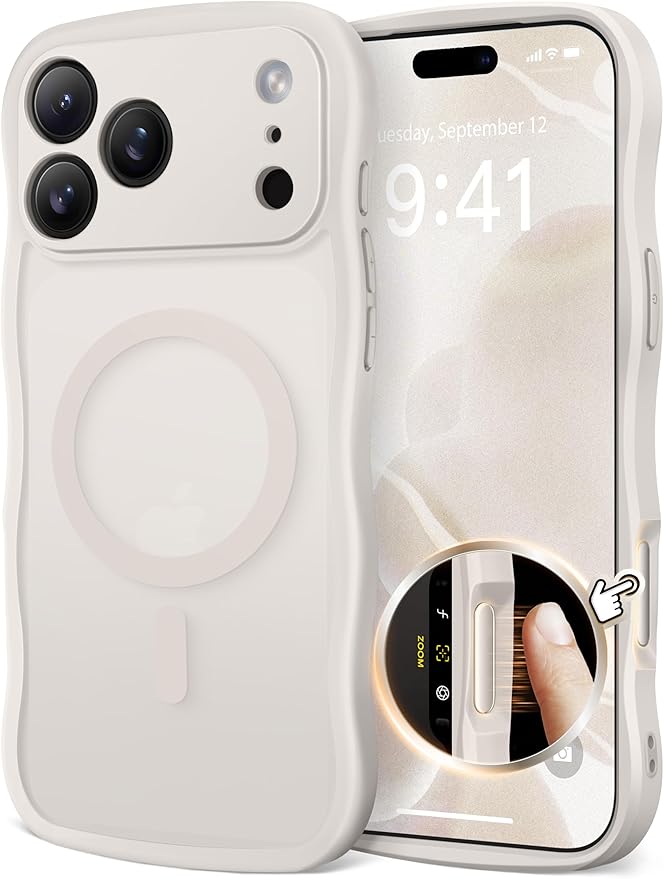 CAPRARO Magnetic for iPhone 17 Pro Case for Women Girls, Upgraded [Full Camera Protection] [Compatible with MagSafe] Cute Wave Translucent Matte Phone Case for iPhone 17 Pro, Stone