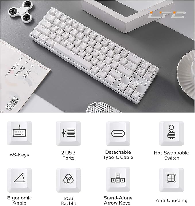 LTC NB681 Nimbleback Wired 65% Mechanical Keyboard, RGB Backlit Ultra-Compact 68 Keys Gaming Keyboard with Hot-Swappable Switch and Stand-Alone Arrow/Control Keys (Hot Swappable Brown Switch, White)