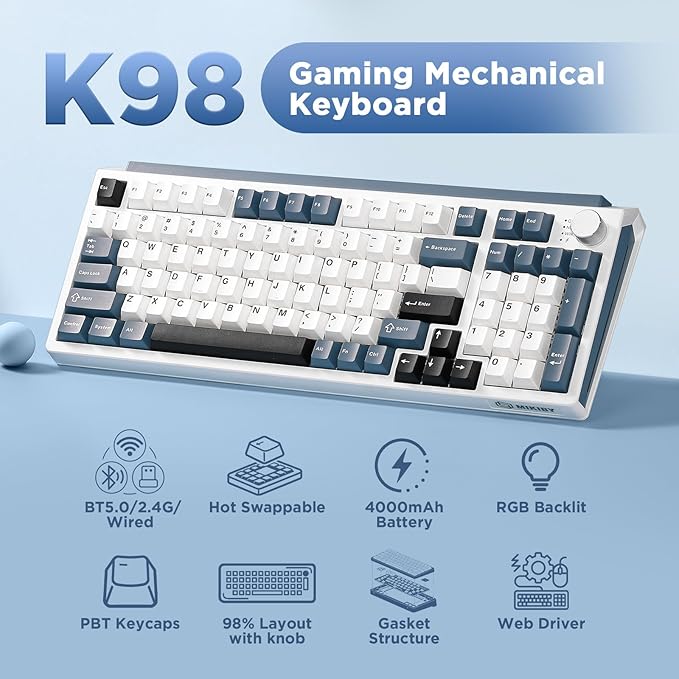 K98 Wireless Mechanical Keyboard,Tri-Mode BT5.0/2.4GHz/USB-C Hot Swappable Custom Keyboard,Gasket Structure,RGB Backlit Gaming Keyboard for Win & Mac(White&Blue,Cocoa-V2 Switch)