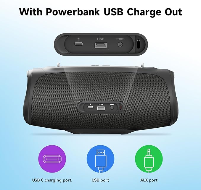 TAZATA Portable Loud Bluetooth Speaker, 90W (Peak) Large Subwoofer Speakers Wireless Bluetooth 5.3 with Powerbank USB Charge Out,Rugged Outdoor for Party,Beach,Golf,Pool,Shower,Valentines Day Gifts