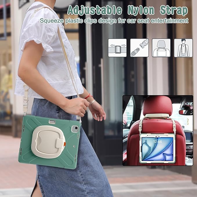 MEEgoodo Case for iPad Air 13 inch 2025 (M3) /2024 (M2) & iPad Pro 12.9 Case 6th/5th/4th/3rd Generation 2022 2021 2020 2018, Tablet Cover with Pencil Holder/Rotating Stand/Shoulder Strap,Emerald Green