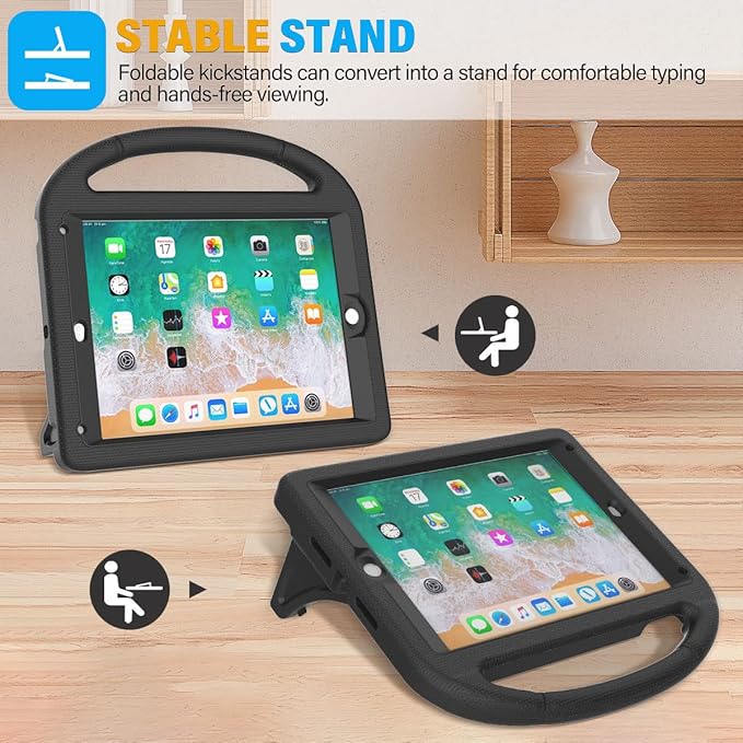 SUPLIK Kids Case for iPad 5th/6th Generation(9.7 inch, 2017/2018), iPad Air 2/1 & Pro 9.7 Case with Screen Protector, Durable Protective Cover with Handle Stand for Apple iPad 5/6 Gen, Black