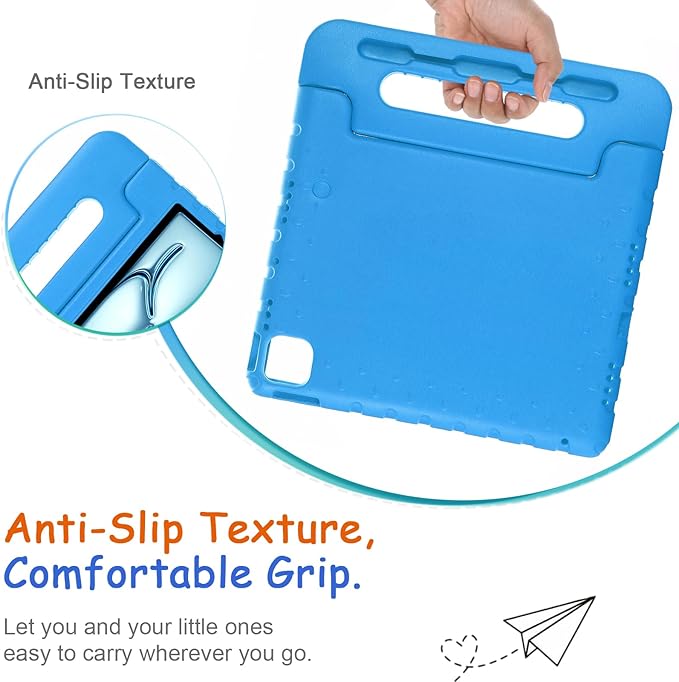 Kids Case for iPad Pro 11" M5/M4 & iPad Air 11" (2026/2025/2024) Shockproof Case with Pencil Holder, Techcircle Light EVA Foam Handle Stand Bumper Protective Child Friendly Drop Proof Cover, Blue