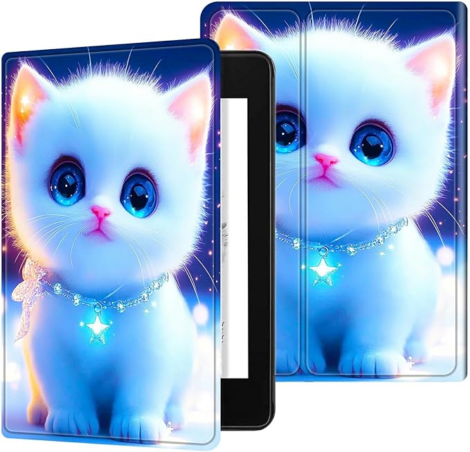 for All-New 6" Kindle 11th Generation 2024/2022 Release E-Reader Case, Slim Kickstand Stand Leather Smart Cover with Auto Wake/Sleep, White Blue Eyed Cat