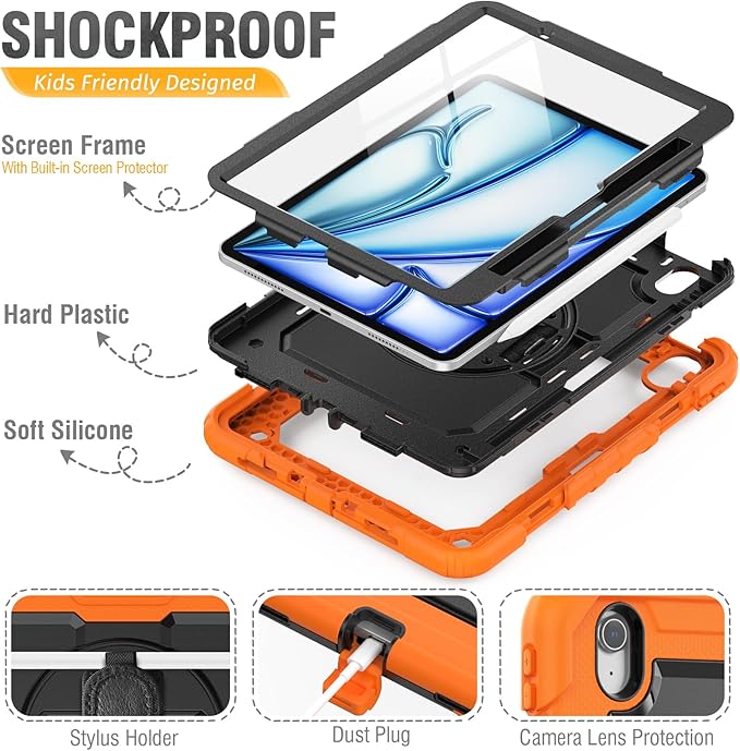 HXCASEAC Rugged Case for iPad Air 11 inch M4 M3 M2 (2026 2025 2024), Heavy Duty Protective Design with Pencil Holder, Screen Protector, Rotating Stand, Hand Strap, for iPad Air 11 Hard Case (Orange)