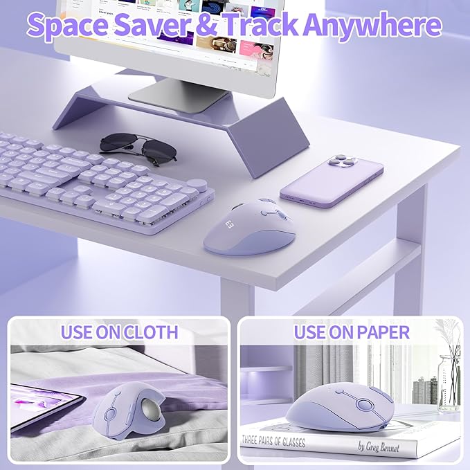 seenda Wireless Trackball Mouse, Ergonomic Bluetooth Rollerball Mouse Rechargeable, 3 Device Connection Optical Mice Adjustable DPI Thumb Control Mice Compatible for PC/Laptop/Windows - Light Purple