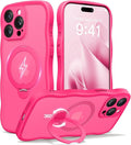 CAPRARO for iPhone 15 Pro Max Case with 360° Spin Magnetic Stand for Women, [Compatible with MagSafe] [Full Camera Protection] Cute Wave Translucent Matte Case for iPhone 15 Pro Max, Hot Pink