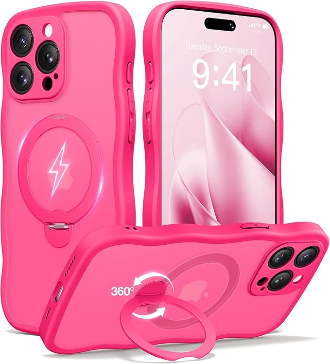 CAPRARO for iPhone 15 Pro Max Case with 360° Spin Magnetic Stand for Women, [Compatible with MagSafe] [Full Camera Protection] Cute Wave Translucent Matte Case for iPhone 15 Pro Max, Hot Pink