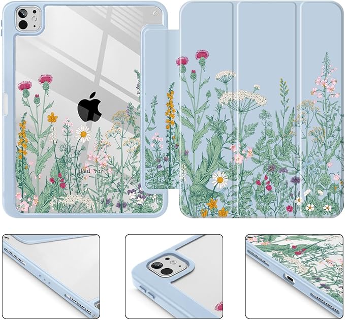 May Chen Case for iPad Pro 11-Inch M5/M4 2025/2024 (6th/5th Generation), Clear Transparent Print Back Shell Slim Stand Shockproof Tablet Cover, Auto Wake/Sleep, Herbs Flowers
