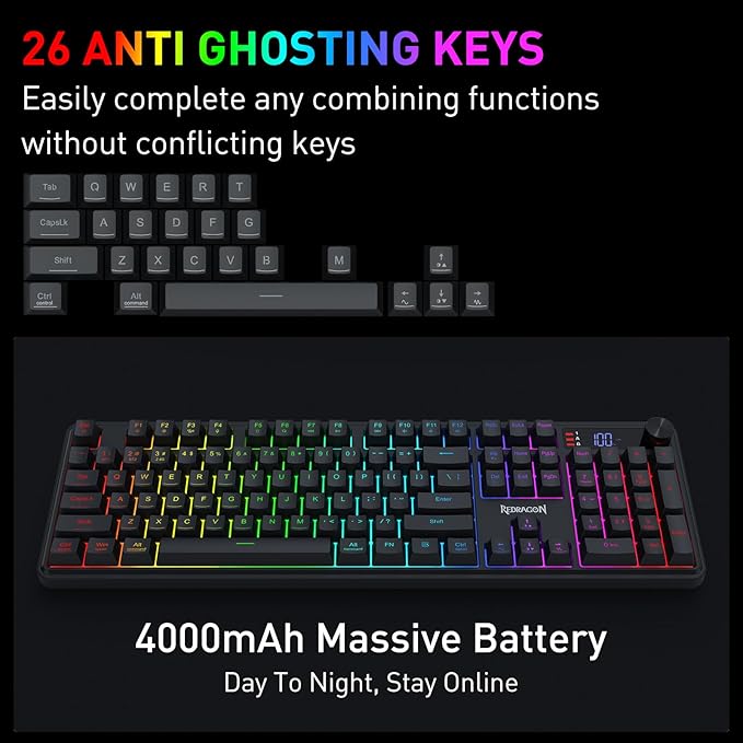 Redragon K526 PRO RGB Wireless Membrane Gaming Keyboard, 104 Keys Mechanical-Feel Keyboard w/LED Info Display, Media/Backlit Knob Control, Smooth Linear Switch & Software Supported