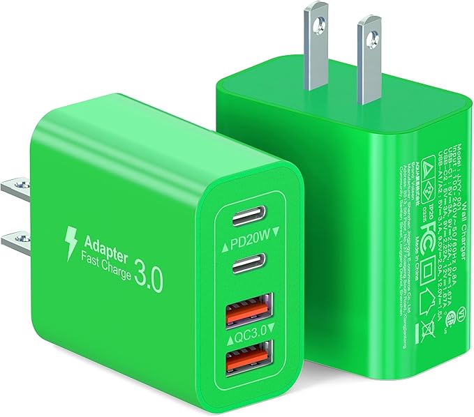 [2-Pack] 40W USB C Charger Block, 4-Port Type C Fast Charging Brick Dual PD&QC Wall Plug Adapter Power Brick for iPhone 13/14//15/16/17 Pro Max Plus/iPad/Airpods/iwatch/Samsung Galaxy (Green)