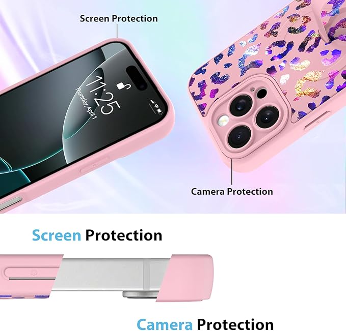 KANGHAR Compatible with iPhone 16 Pro Max Case, Support for MagSafe, Silicone Cute Iridescent Leopard Cheetah Pattern, Wristband Kickstand Shockproof Protective Slim Cover for Women Girls, Pink
