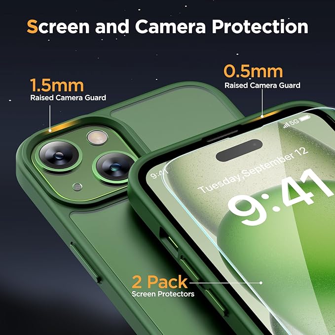 Miracase Magnetic for iPhone 15 Case (Compatible with MagSafe)（with 2X Screen Protectors） Military-Grade Protection, Anti-Fingerprint Translucent Matte Phone Cover for iPhone 15 6.1 inch, Dark Green