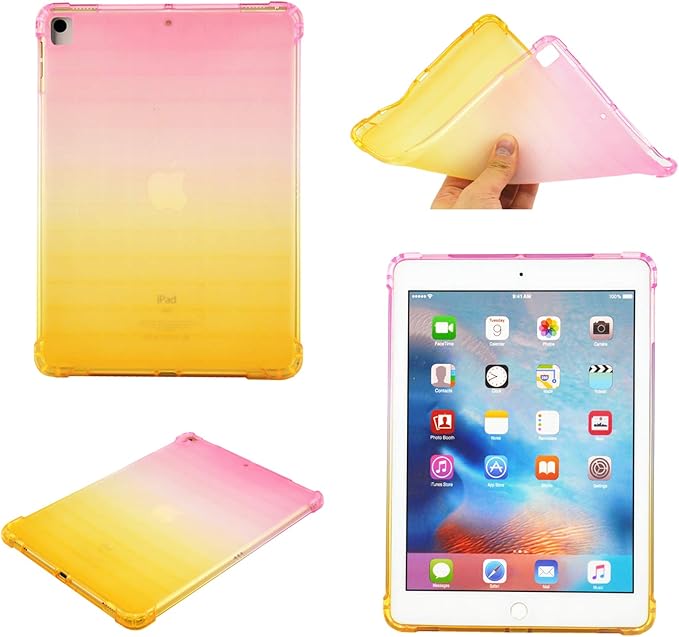 for Apple iPad 9th/8th/7th Generation Case 10.2 inch (2021/2020/2019),Slim Lightweight Translucent Clear Soft TPU Back Shockproof Cover Silicone Corner Protective Tablet Shell, Pink & Yellow