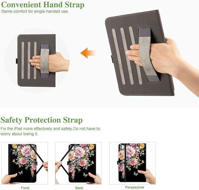 Vimorco for iPad Pro 13 Inch Case M5/M4 2025/2024 Black Floral, for iPad Pro 13 Case for Girls Women, Pencil Holder/Hand Strap/Pocket/Screen Protection Band, for iPad 13 Pro Cover, Flower Butterfly
